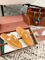 Loro Piana Salmon White Suede Charms Walk Flat Mules