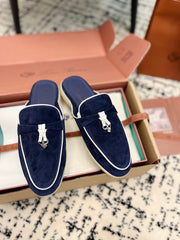 Loro Piana Navy White Suede Charms Walk Flat Mules