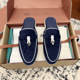 Loro Piana Navy White Suede Charms Walk Flat Mules