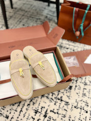 Loro Piana Beige Yellow Suede Charms Walk Flat Mules