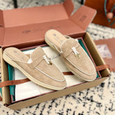 Loro Piana Beige White Suede Charms Walk Flat Mules