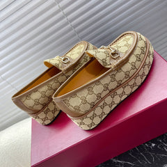 HORSEBIT PLATFORM LOAFER IN TAN BEIGE MONOGRAM JACQUARD FABRIC