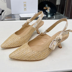J'ADIOR SLINGBACK PUMP NATURAL RAFFIA AND BEIGE EMBROIDERED COTTON 65 MM