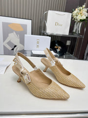 J'ADIOR SLINGBACK PUMP NATURAL RAFFIA AND BEIGE EMBROIDERED COTTON 65 MM