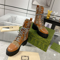 GG LACE-UP SHORT BOOTS IN CINNAMON BROWN CANVAS MIX CALFSKIN