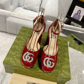 GG CRYSTALS PLATFORM PUMPS SCARLET CALFSKIN