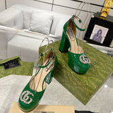 HIGH SANDAL SQUARE HEEL 12 CM IN DARK GREEN CALFSKIN