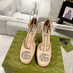 GG CRYSTALS PLATFORM PUMPS CREAM CALFSKIN