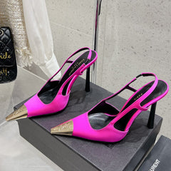HIGH HEEL 10 CM SLINGBACK IN BRIGHT PINK CALFSKIN WITH GOLD HARDWARE