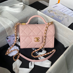 CHANEL 25S FLAP BAG 18 CM IN LIGHT PINK GRAINED LAMBSKIN WITH TOP HANDLE