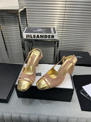 slingback rose suede gold metalic lambskin square toe 9.5