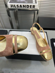 slingback rose suede gold metalic lambskin square toe 5.0