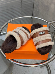 HM 25S SANDAL IN BEIGE WOOL AND BROWN LAMBSKIN WITH SILVER HARDWARE