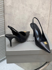 BALENCIAGA 25S HIGH-HEEL SLINGBACK 85 MM IN BLACK COW LEATHER WITH GOLD HARDWARE