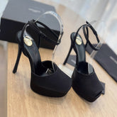 LA SCANDALE HIGH 14 CM PLATFORM SANDALS IN BLACK SATIN CREPE
