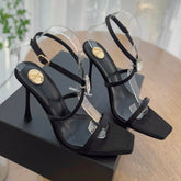 HIGH HEEL SANDAL 10 CM IN BLACK SATIN CREPE AND CRYSTAL