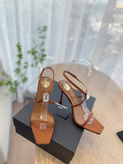 HIGH HEEL SANDAL 10 CM IN BRONZE BROWN SATIN CREPE AND CRYSTAL