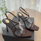 HIGH HEEL SANDAL 10 CM IN CHOCOLATE BROWN SATIN CREPE AND CRYSTAL