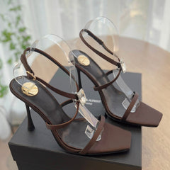 HIGH HEEL SANDAL 10 CM IN CHOCOLATE BROWN SATIN CREPE AND CRYSTAL