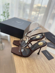 HIGH HEEL SANDAL 10 CM IN CHOCOLATE BROWN SATIN CREPE AND CRYSTAL