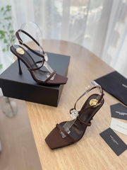 HIGH HEEL SANDAL 10 CM IN CHOCOLATE BROWN SATIN CREPE AND CRYSTAL