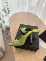 HIGH HEEL BLONDE MULE 10 CM IN OLIVE GREEN SATIN WITH RHINESTONES