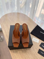 HIGH HEEL BLONDE MULE 10 CM IN BRONZE BROWN SATIN WITH RHINESTONES