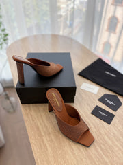 HIGH HEEL BLONDE MULE 10 CM IN BRONZE BROWN SATIN WITH RHINESTONES