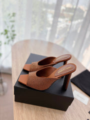 HIGH HEEL BLONDE MULE 10 CM IN BRONZE BROWN SATIN WITH RHINESTONES