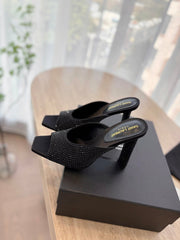 HIGH HEEL BLONDE MULE 10 CM IN BLACK SATIN WITH RHINESTONES