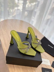 RAV HIGH HEEL 10 CM EMBELLISHED OLIVE GREEN SATIN MULES