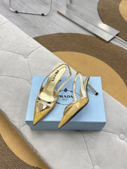 PRADA 25S TRIANGLE LOGO SLINGBACK PUMPS IN GOLD MESH FABRIC