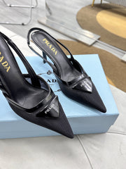 PRADA 25S TRIANGLE LOGO SLINGBACK PUMPS IN BLACK MESH FABRIC