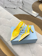 PRADA 25S TRIANGLE LOGO SLINGBACK PUMPS IN YELLOW MESH FABRIC