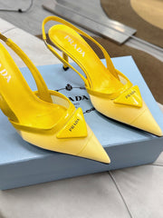 PRADA 25S TRIANGLE LOGO SLINGBACK PUMPS IN YELLOW MESH FABRIC