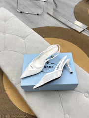 PRADA 25S TRIANGLE LOGO SLINGBACK PUMPS IN WHITE MESH FABRIC