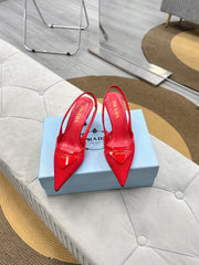 PRADA 25S TRIANGLE LOGO SLINGBACK PUMPS IN RED MESH FABRIC