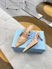 PRADA 25S TRIANGLE LOGO SLINGBACK PUMPS IN BEIGE MESH FABRIC