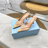 PRADA 25S TRIANGLE LOGO SLINGBACK PUMPS IN BEIGE MESH FABRIC