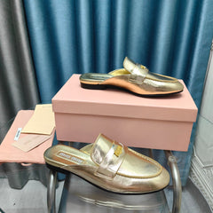 MULES SLIPPERS METALLIC GOLD COWHIDE WITH GOLD COIN