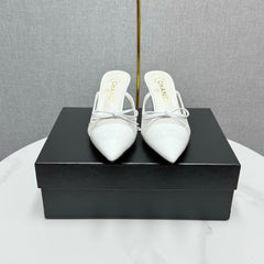 CC HEEL MULES 25S IN WHITE MESH FABRIC AND LAMBSKIN WITH BOW