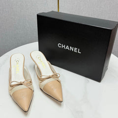 CC HEEL MULES 25S IN BEIGE MESH FABRIC AND LAMBSKIN WITH BOW