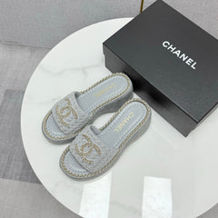 CC WEDGE SOLE SANDALS 25S IN DUSTY BLUE GREY FABRIC WITH LOGO