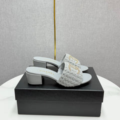 CC HIGH HEEL 25S INDUSTY BLUE GREY FABRIC AND CALFSKIN WITH LOGO