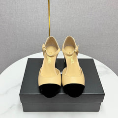 CC MARY JANE HEELS 25S IN BEIGE LAMBSKIN AND SUEDE WITH PEARL HEEL STYLE 6