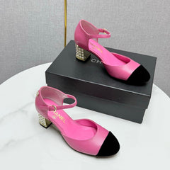 CC MARY JANE HEELS 25S IN PINK LAMBSKIN AND BLACK SUEDE WITH PEARL HEEL STYLE 8