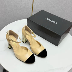 CC MARY JANE HEELS 25S IN BEIGE LAMBSKIN AND SUEDE WITH PEARL HEEL STYLE 3