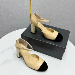 CC MARY JANE HEELS 25S IN BEIGE LAMBSKIN AND SUEDE WITH PEARL HEEL STYLE 3