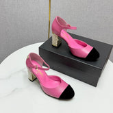 CC MARY JANE HEELS 25S IN PINK LAMBSKIN AND BLACK SUEDE WITH PEARL HEEL STYLE 1