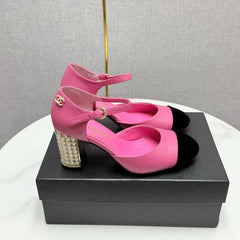 CC MARY JANE HEELS 25S IN PINK LAMBSKIN AND BLACK SUEDE WITH PEARL HEEL STYLE 1